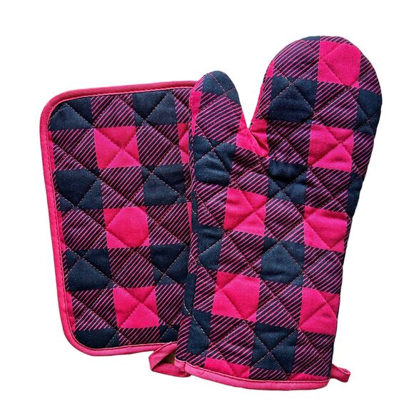 Buffalo Plaid Oven Mitt & Pot Holder Set Red Black Christmas Cabincore Kitchen - Picture 2 of 7